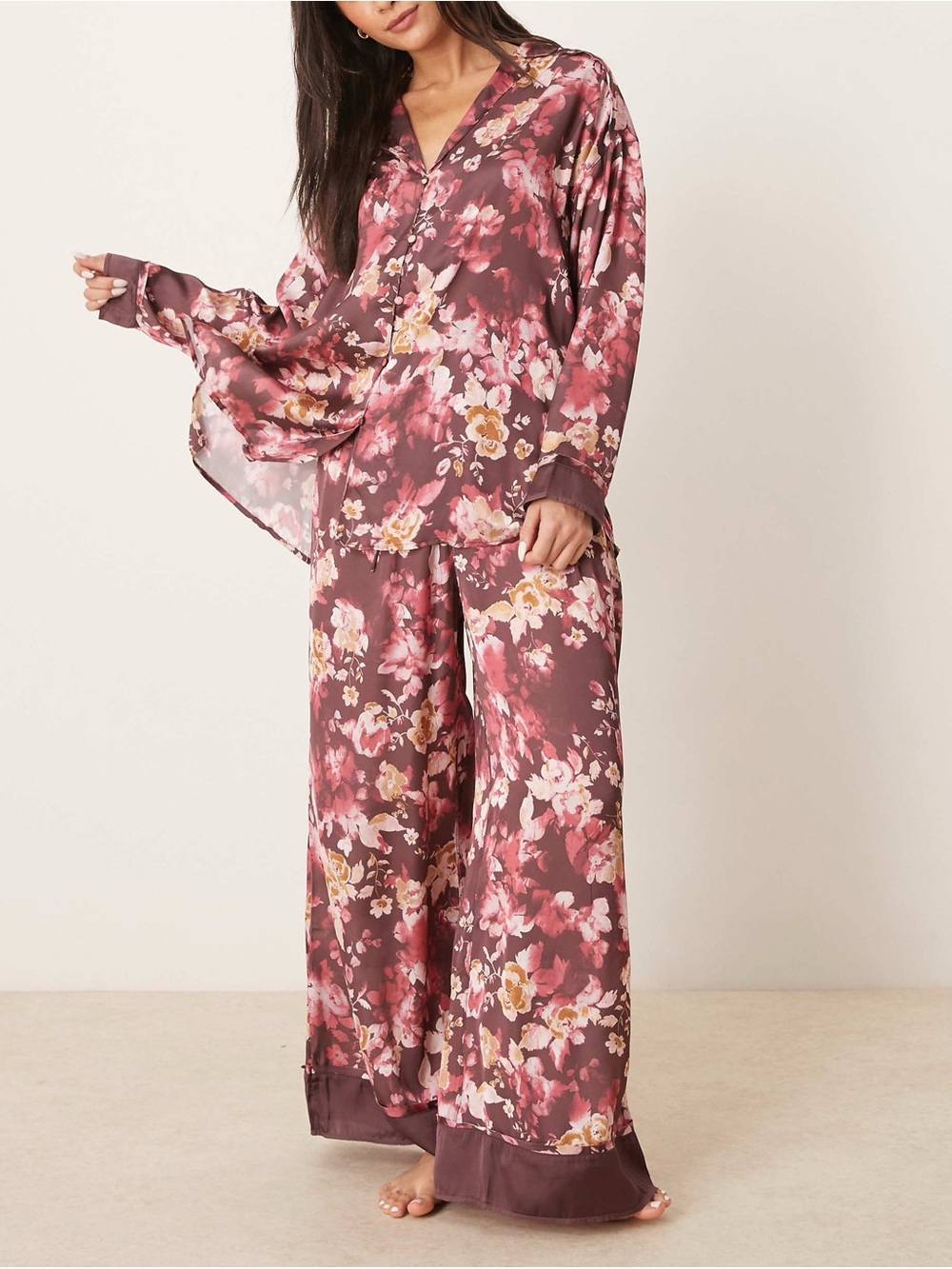 Free People Intimately Dreamy Days floral print satin pajama set in wine